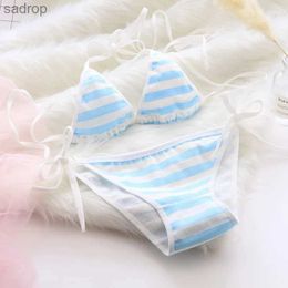 Bras Sets 2PCS Womens Bra and Underwear Set Sexy Underwear Cotton Seamless Kawaii Bikini Lace Strap Blue White Stripe Womens Underwear XW