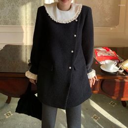 Casual Dresses Women French Sweet Black Tweed Dress Doll Lace Collar Diagonal Buckle Woollen Thick Elegant Small Fragrance Quilted Short