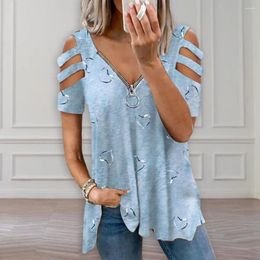 Women's Blouses Women Blouse V Neck Zipper Low-cut Summer Top Hollow Out Short Sleeves Match Pants Loose Print Pullover Clothes