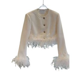Womens autumn white color long sleeve ostrich fur patchwork high waist short jacket coat SMLXL
