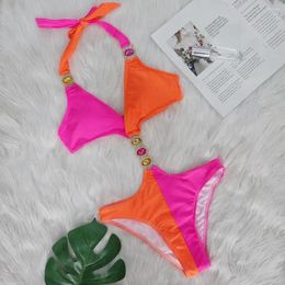 Women's Swimwear 2024 Sexy Crystal Diamond Brazilian Bikini One Piece Swimsuit Triangle Contrasting Colors Bathing Suit Beachwear