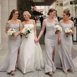 2024 Bridesmaid Dresses Grey Mermaid For Weddings Plus Size Off Shoulder Side Split Long Formal Maid Of Honor Gowns Wedding Guest Wear 0514