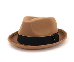 Latest Women Men Upturn Brim Wool Felt Fedora Hats with Ribbon Party Jazz Trilby Cap Black Homburg Ladies Church Hat1800740312c8275902