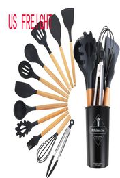 Silicone Kitchen Utensil Set 11 Pieces Cooking with Wooden Handles Holder for Nonstick Cookware Spoon Soup Ladle Slotted Turner Wh6704042