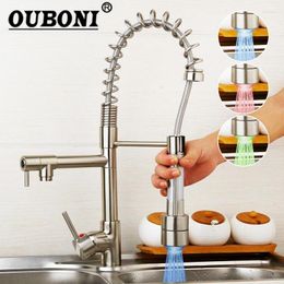 Kitchen Faucets LED Nickel Brushed Swivel Spout Faucet Double Water Outlet Sink Pull Down Spray & Cold Mixer Taps