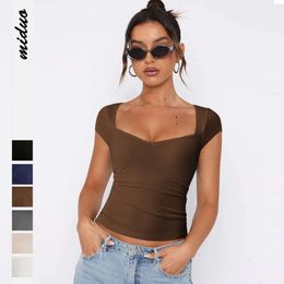 2024 New Lace Short Sleeve T-shirt Slim Fit Y2K Women's Solid Square Neck Spicy Girl Pure Desire Top Summer F51424