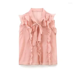 Women's Blouses YENKYE 2024 Women Pink Bow Tie Collar Sleeveless Ruffle Blouse Sexy Semi-sheer Summer Tops