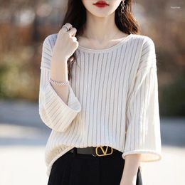 Women's T Shirts T-shirt Spring/Summer Cotton Sweater Quarter Sleeve Casual Loose Knitwear Ladies Tops Round Neck Blouse Hollow