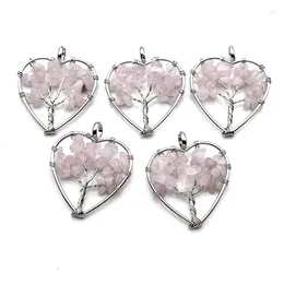 Pendant Necklaces 5/10/20pcs Wire Wrapped Rose Quartz Reiki Healing Pink Chip Stone Tree Of Life Heart Charms For Jewelry Making