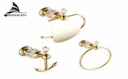 Bath Hardware Sets European Style Hook on the Wall Luxury Crystal Brass Paper Holder Gold Bathroom Hangings Towel Ring HK007026012
