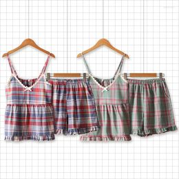 Home Clothing Summer Plaid Suspender Shorts Pyjamas Women's Sweet Little Fresh Loungewear Set Sleeveless Spaghetti Strap Sleepwear 2 Piece