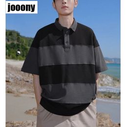 Casual Short Sleeve Colorblock Polo Tshirt Versatile Wear Lapel Shirts Clothes Japanese Retro Striped Shirt For Men Summer 240418