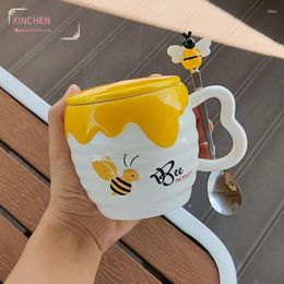 Mugs Cute Little Bee Honey Jar Ceramic Mug With Lid Spoon Coffee Cup Breakfast Personalized Gift For Relatives And Friends