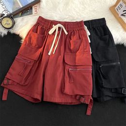 GIDYQ Streetwear Women Cargo Shorts American Casual Large Pockets BF Wide Leg Pants Harajuku All Match Female Sweatpants 240510