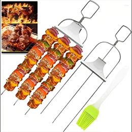 Tools 3 Way Grill Skewers Reusable Semi-automatic Stainless Steel Barbecue Fork Shrimp Outdoor Camping Picnic Cooking