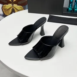 Summer High-end High Heel Sandals 2024 New Patent Leather Material T-stage Walk Show Female Slippers Advanced Solid Colour Upper Pointed Head Women's Pumps