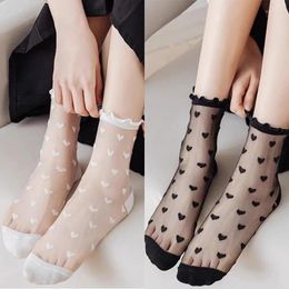 Women Socks Sexy Ruffled Love Thin Long JK Uniform Lolita Sweet Glass Fiber Transparent Ins Style Black Lace