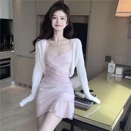Work Dresses WDMSNA Casual Summer 2024 Korean Fashion White Long Sleeve Women Blouse Sling Dress For Two Piece Sets Womens Outifits