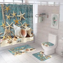 Shower Curtains Beach Tree Sand Bathroom Waterproof Curtain 4PC Set Starfish Wooden Board Nautical Sea Scenery Bath Screen Nonslip Carpet