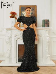 Party Dresses Missord Elegant Black Sequin Prom Dress Women Puff Sleeve Wasit Cutout Back Lace Up Bodycon Mermaid Evening Gown