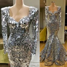 Sparkly Silver Sequins Evening Dresses Long Sleeves 2022 Floor Length Mermaid Sweetheart Neckline Custom Made Plus Size Prom Party Gown 284G