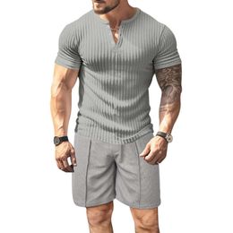 2024 men's basic Volkswagen style short sleeved shorts two-piece set, summer solid Colour vertical stripe casual set M514 47