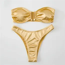 Women's Swimwear Bikini Set Sexy U Shaped Bandeau Mujer Strapless Women Gold Swimsuit Bathing Suit Biquinis Brazilian Swim 2024