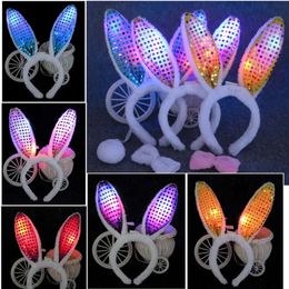 Light LED Headband Up Ears Bunny Flashing Fluffy Rabbit Ear Headbands Sequins Headdress Costume Cosplay Woman Halloween Christmas Easter Party Favor s