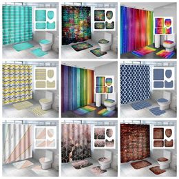 Shower Curtains Gradient Geometric Figure Waterproof Belt Hook Curtain Non-slip Bathroom Carpet And Toilet U-shaped Cover R