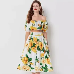 Work Dresses Runway Floral Print Holiday Two Piece Set Women Sexy Off Shoulder Crop Tops High Waist Pockets Midi Skirt Suit Summer Outfits