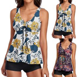 Women's Swimwear Bohemian Split Women Boho Printed Conservative Drawstring Casual Bathing Suits 2 PC Swimsuits Backless Tankinis Sets