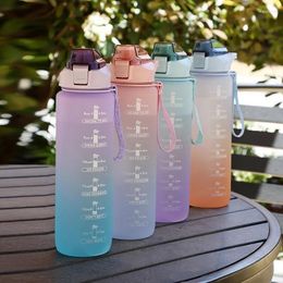 Water Bottles 1Fitness Cup Summer Cold With Time Scale Liter Bottle Straw Female Girls Large Portable Travel Sports