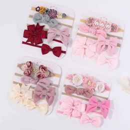 Hair Accessories 5pcs/Set Nylon Elastic Bow Headband Baby Solid Knot Flower Fabric Hairbow Set Kids HairBands Handmade Girls Hair Accessories