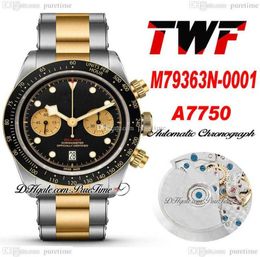 TWF 41mm 79363 ETA A7750 Automatic Chronograph Mens Watch Two Tonne Black Dial Champagne Subdial Stainless Steel Bracelet Watches 1519351
