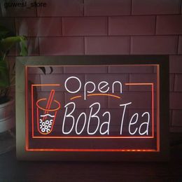 Night Lights Boba Tea Bo Ba Drink Cafe Bicolor LED Neon Signature Photo Frame Creative Table Light Bedroom Desktop Wood 3D Night Light S240513