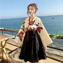 Ethnic Clothing 2Pcs Set Woman Kimono Japanese Style Floral Print Vintage Girl Oriental Hanbok Love Costume Haori Yukata Asian Wedding Dress