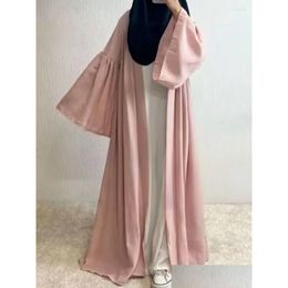 Ethnic Clothing Dubai Middle Eastern Womens Cardigan Robe Solid Colour Loose Bell Sleeve Jacket European And American Elegant Fashion Dhd9Z