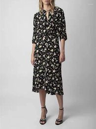 Casual Dresses Spring Summer Women High Waist Dress Floral Letter Print Viscose Pleated Wing Female Mini Robe 2024
