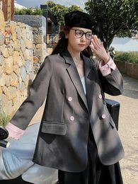 Women's Suits LANMREM Chinese Style Blazer For Womne Notched Long Sleeves Pink Double Breasted Contrast Colour Coat 2024 2DA5907
