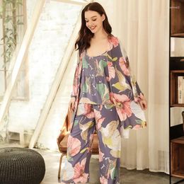 Home Clothing 2024 Selling Women Loose Thin Pyjamas Set Fresh Style Floral Printed Ladies Elegant Cardigan Sling Pants 3PCS Sexy Homewear