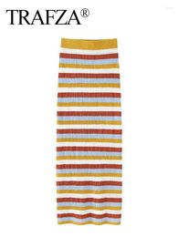 Skirts TRAFZA Woman Casual Elasticity Knitted Skirt Women Elegant Chic Stripe Color Matching High Waist Slim Long Streetwear