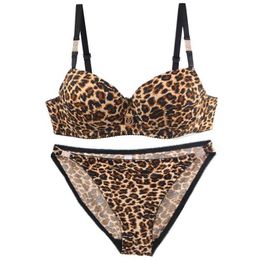 Bras Sets 2024 New Sexy Leopard Print Underwear For Women Push Up Bra Sets Seamless Khaki Beige Black Female Lingerie Y240513