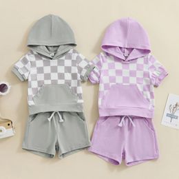 Clothing Sets Summer Toddler Baby Boys Girls Shorts Short Sleeve Plaids Print Hooded Tops And Drawstring