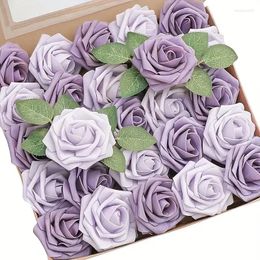 Decorative Flowers Artificial 25pcs Real Looking Lavender African Violet Purple Foam Fake Roses With Stems For DIY Wedding Bouquets Bridal