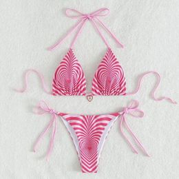 Women's Swimwear Bikini Set Sexy Pink Striped Micro Thong String Halter Swimsuit Women Bathing Suit Mini Triangle Mujer