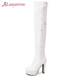 Boots Lasyarrow 2024 Fashion Thigh High Over The Knee Round Toe Lace Up Warm Autumn Winter Thick Heel Shoes J1006