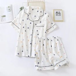 Japanese summer ladies cotton gauze short sleeve shorts Pyjamas suit cute heart-shaped thin section home service suit woman 240514