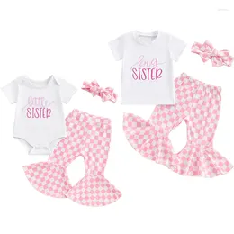 Clothing Sets FOCUSNORM 0-4Y Toddler Girls Summer Clothes 3pcs Letter Embroidered Short Sleeve T-Shirts/Romper Checkerboard Flare Pant