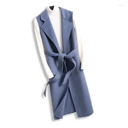 Women's Vests Fashion Solid Color Long Wool Vest Women Double Faced Cashmere Waistcoats Loose Belt Big Pocket Sleeveless Jacket Female