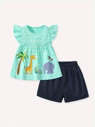 Clothing Sets Cotton Girls Set Cute Zoo Animals Pattern Ruffle Peplum Top Shorts Comfy Two-piece Summer Clothes